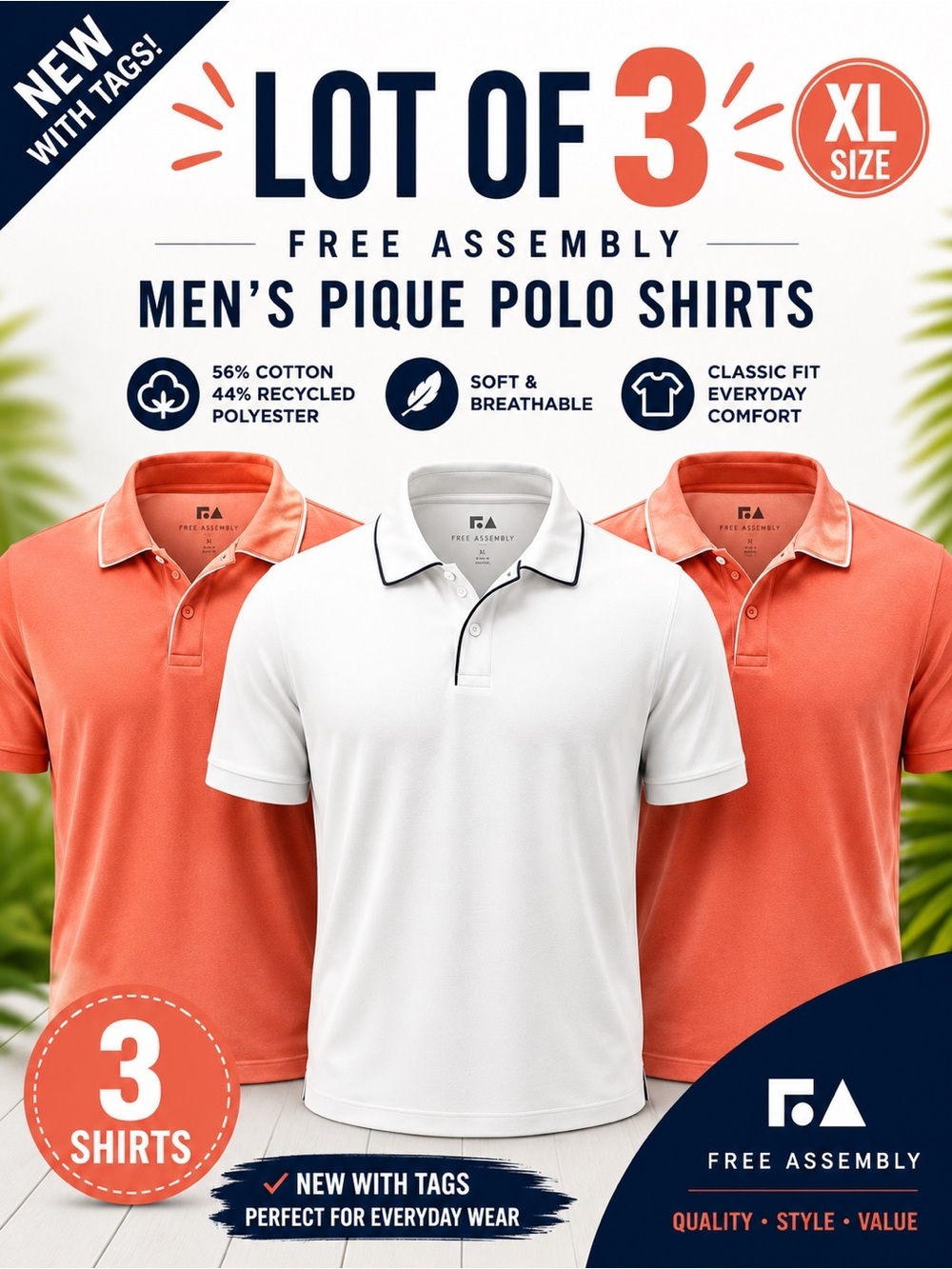 Free Assembly Men’s XL Pique Polo Shirts Cotton Blend Short Sleeve Tops LOT OF 3